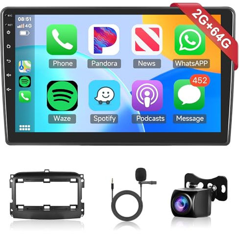 2G+64G Wireless Carplay Android 13 Autoradio per FIAT 500L 2012-2017 10.1 Pollici 2 Din Autoradio con Android Auto GPS Navi WiFi Mirror Link Bluetooth FM/RDS/EQ/DAB+/OBD2/DVR/SWC Telecamera Posteriore