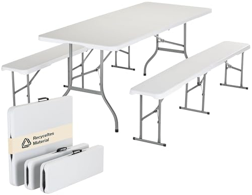 Skandika Klapptisch/Klappbank MASI Set | 2 Sitzbänke bis 300 kg, Gartentisch bis 200 kg belastbar, recyceltes HDPE-Material, klappbar, wetterfest, 180 cm | Bierzeltgarnitur, Balkonmöbel, Gartenmöbel