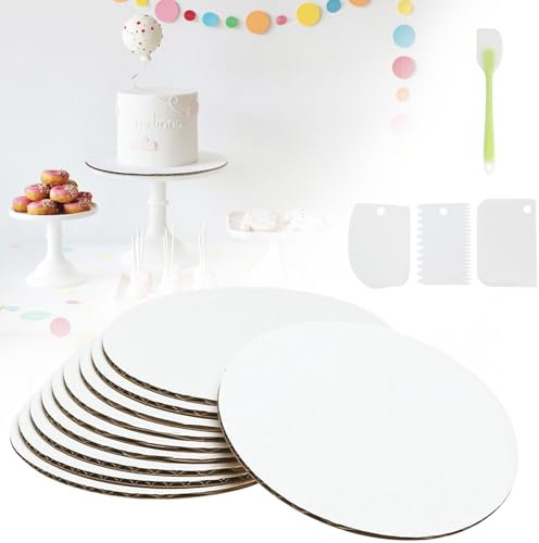 Forhandy 10PCS Tortenunterlage Rund Cake Board 30cm mit Rakel und Silikonbürste, Wiederverwendbar Torten Unterplatten Weiß Tortenplatte Pappe Rund Cakeboard für Hochzeit, Geburtstagstorten, Hausparty