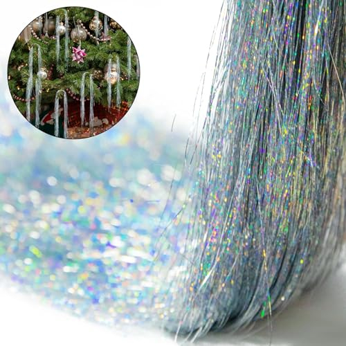 6000 Strands Christmas Icicles - Laser Silver Tinsel Foil Fringe for Tree, Birthday, Wedding Party Hanging Decoration - Iridescent