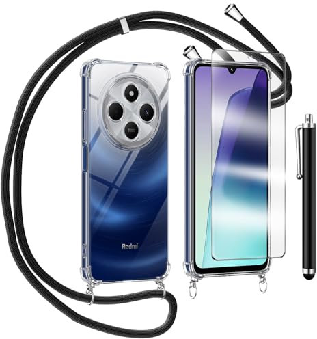 TTSWJBD Funda con Cuerda para Xiaomi Redmi 14C y Cristal Templado Protector de Pantalla,Transparente Suave Silicona Carcasa, Ajustable Cordon Collar Colgante Antigolpes Case, Negra