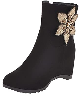 Stivali corti da donna in camoscio tinta unita con zeppa decorativa floreale e cerniera laterale alta, Nero , 40 EU