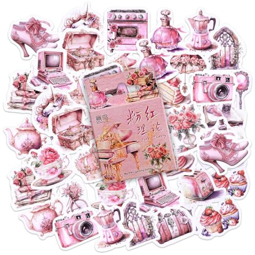 46PCS Pink Stickers,Vintage Aesthetic Scrapbook Stickers,DIY Decoration Stickers Set for Travel Case, Laptop, Planners, Calendars, Scrapbook, Suitcase, Notebooks, Journal