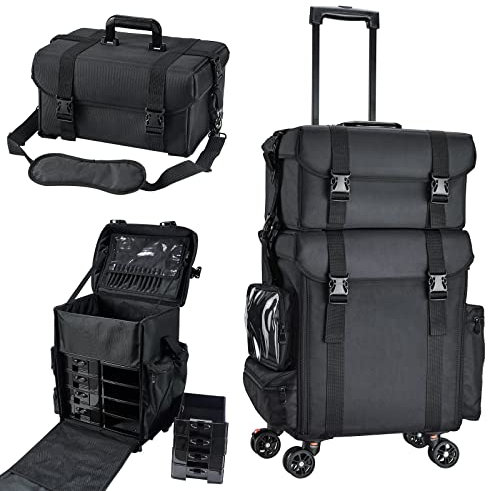 Professional Makeup Trolley with Wheels Large Storage Beauty Makeup Case Vanity Case Hairdressing Trolley on Wheels 3 in 1 Cosmetics Organiser Box with 8 Removal Drawer, Nylon Black