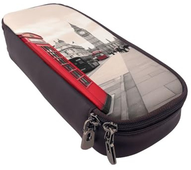 BNVSADC Red Phone Booth London Street Printed PU Leather Flip Pencil Case, Cute Pencil Box Pen Bag Stationery Organizer Makeup Bag for School Office Travel