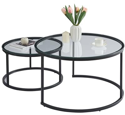 Ginhow Lot de 2 tables basses rondes en verre avec métal noir - Avec verre trempé - Pour salon - Diamètre 60 cm - Petit et grand diamètre : 80 cm