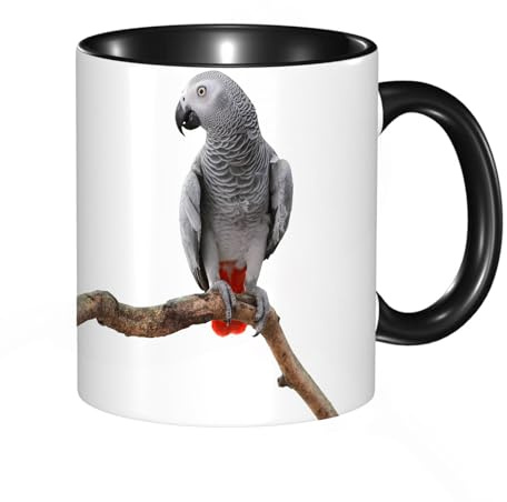 HRRASFAZF Ceramic Coffee/Tea Mug, 11 oz Funny Mugs,Grey,African Parrot Bird Psittacus Erithacus Standing on a Branch Tropical,Gifts for Mothers Day,Birthdays,Christmas,Valentines,Anniversaries