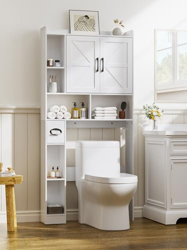 FiveWillowise Over Toilet Storage Unit, Bathroom Storage Cabinet with Barn Doors, Space Saving Over Toilet Shelf Unit with Adjustable Open Shelves
