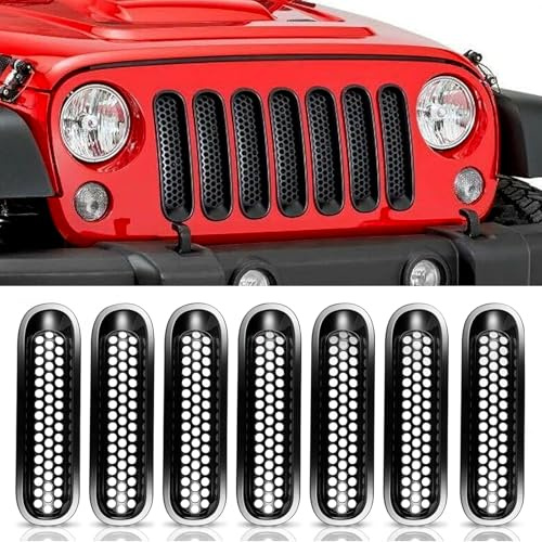 Front Grille Inserts Compatible With Jeep Wrangler JK 2007-2017, 7Pcs Clip-in Front Grill Mesh Insert Trim, Honeycomb Mesh Front Grille Guard Covers - Black