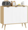 HOMCOM Buffet Bas, Meuble de Rangement, étagères réglables, 2 placards, 3 Portes Motif Chevrons, pour Cuisine, Salle à Manger, Salon, 91,5 x 35 x 77,4 cm, Blanc et Bois Naturel