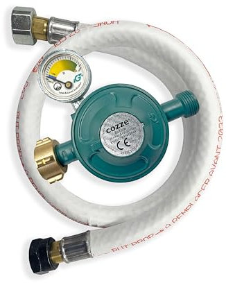 Cozze® Détendeur Gaz avec Manomètre 28 mbar – Spécial France – Tuyau Flexible 1,1 m – Sécurité Fuite – Adaptateur 1/4 à 1/2 – Compatible Fours à Pizza Cozze®