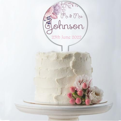 Personalised Floral Cake Topper for All Marriages – Mr & Mrs, Mr & Mr, Mrs & Mrs with Surname – 4 Design Options, Perfect Wedding Day Keepsake (Purple Floral)
