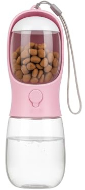 Dog Water Bottle 2 in 1 with Food Container, 550 ml Leak Proof Portable Pet Water Dispenser for Walking, Hiking and Travel, Dogs and Cats, Pink