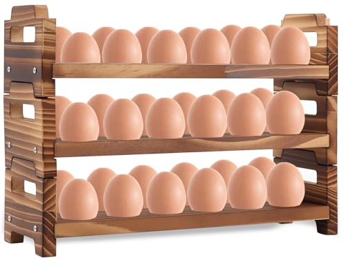 Clyfanesy Wooden Egg Rack Storage,3-Layer Bamboo Egg Holder Countertop,Stackable Egg Tray Display Rack,Kitchen Counter Top Organizer Wooden Egg Stand, Fits Quail, Duck, Turkey, Chicken Eggs