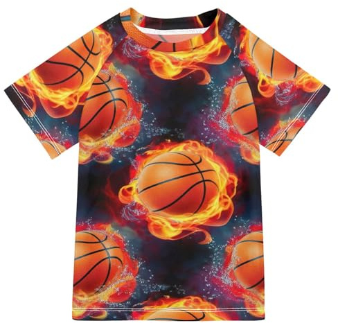 ODAWA Maillot de bain pour enfants, motif ballon de basket-ball, noir feu, UPF+ 50, séchage rapide, rashguard pour garçons et filles, Ballons de basket Fire Black, 9-10 ans