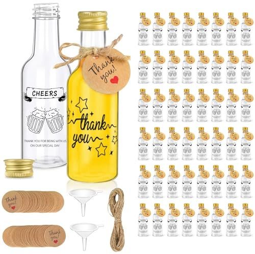 Lifegogo 50Pcs Mini Bottles with Lids: Reusable 50ml Plastic Bottles with Gold Screw Caps Funnel Hemp Rope and Thank You Tags Miniature Bottle for Wedding Christmas Party