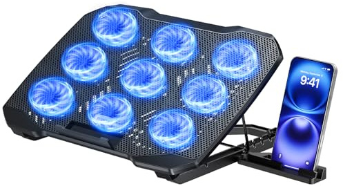 TECKNET Laptop Cooling Pad, 12-17 Laptop Cooler with Phone Holder, Black | Laptop Cooling Stand with 9 Quiet Fans at 2600RPM, 5 Heights Adjustable, 2 USB Ports, Suitable for Gaming