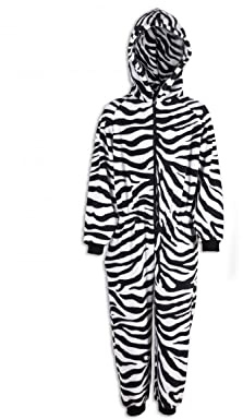 Camille Childrens Super Soft Fleece Onesie - Hooded All In One - Long Sleeved and Full Length with Elasticated Cuffs and Ankles Zebra Print 9-11 Years