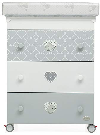 Foppapedretti Bagnetto Fasciatoio Lovely, Legno, Made in Italy, 3 Cassetti, Piano Fasciatoio Ribaltabile, Vaschetta Anatomica Estraibile, 4 ruote, Materissani Incluso, 69x50x131 cm, Bianco/Grigio
