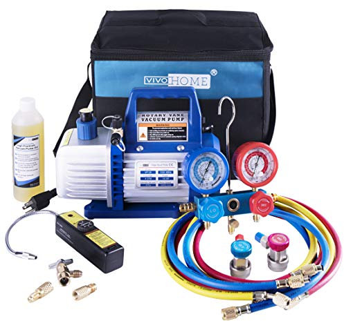 VIVOHOME Bomba de vacío de aire de paleta rotativa de una sola etapa de 110 V 1/3 HP 4 CFM y kit de manómetro de CA R134a con detector de fugas, bolsa de transporte para aire acondicionado HVAC,