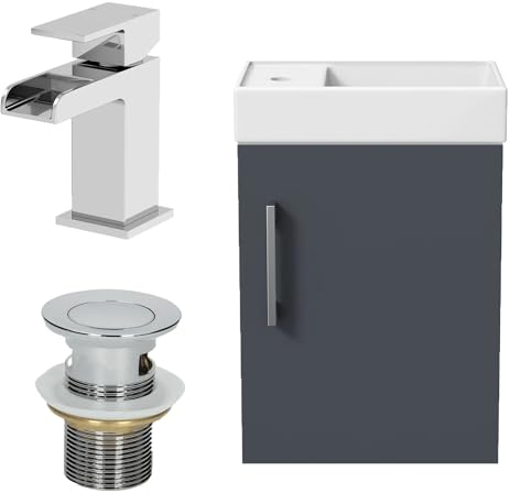 AURORA® 400mm Bathroom Vanity Unit Ceramic Wash Sink Wall Hung Storage Cabinet Reversible Soft Close Cupboard & Chrome Waterfall Basin Mixer Tap & Waste Set, Grey Gloss