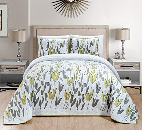 GrandLinen - 3-Piece Fine Printed Lightweight Oversize (115 X 92) Vine and Leaf Pattern Super King Size Quilt Set Reversible Bedspread Coverlet Bed Cover in Sage Green, White and Grey