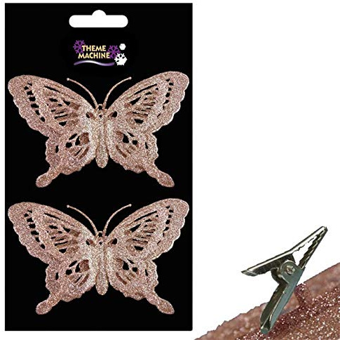 Christmas 2 Pack Clip on Glitter Butterfly Tree Decoration - Rose Gold
