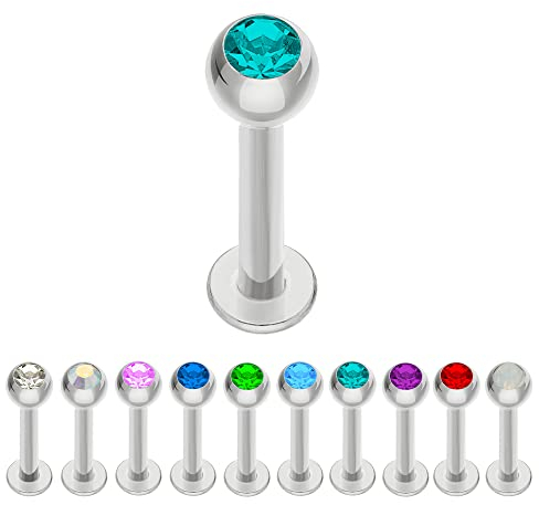 Treuheld® | Silberne LABRET PIERCING mit KRISTALL aus Stahl - [127.] 1.2 x 8 mm (Kugel: 3mm) - petrol