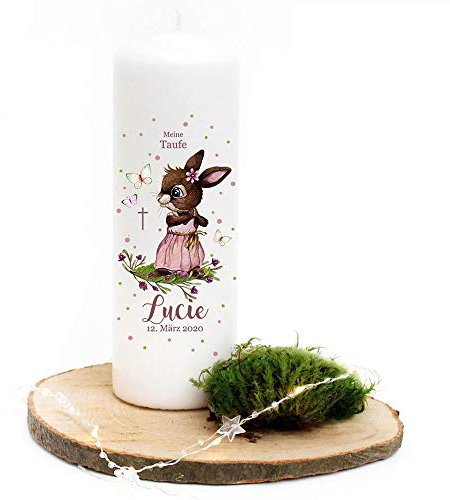 Taufkerze Kerze zur Taufe Kreuz rosa Hase Häschen Wunschname Spruch individualisierbar wk181 - ausgewählte Größe: *2. Patenkerze (ohne Taufspruch)*