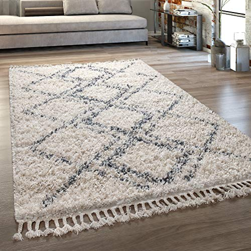 Paco Home Orient Teppich In Versch. Farben Wohnzimmer Hochflor Rauten Muster Berber Stil, Grösse:120x170 cm, Farbe:Creme