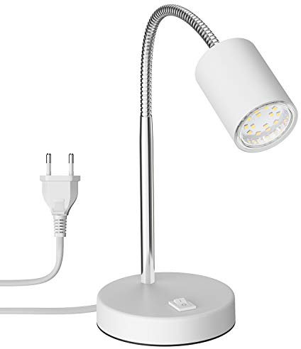 ledscom.de Tischleuchte WAIKA mit Schwanenhals und Schalter weiß matt, inkl. GU10 LED Lampe (warmweiß, 2,339W, 227lm, 110°)