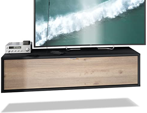 Vladon TV Board Lana 120 Hängeschrank Lowboard 120 x 29 x 37 cm, Made in Germany, Korpus in Schwarz matt, Fronten in Eiche Nordic | Große Farbauswahl