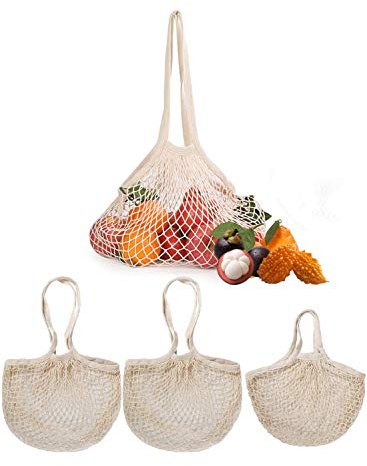 YFSEOS Einkaufsnetz Baumwolle 3 Stück,Tragbar Netztasche Veranstalter,Einkaufstasche Netz Tasche Wiederverwendbare Einkaufen Handtasche für Obst Gemüse Einkauf Markt (2 Lange+1 Kurze)