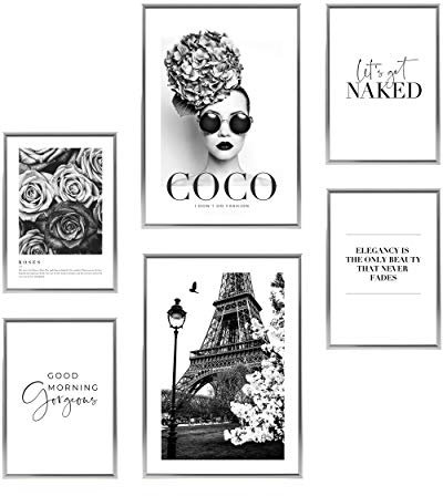 Heimlich® Premium Poster Set mit Bilderrahmen Aluminium Silber | 2 x DIN A3 & 4 x DIN A4 - ca. 30x42 & 21x30 | Stilvolle Poster Collagen mit passenden Bilder als Wanddeko » Coco Paris «