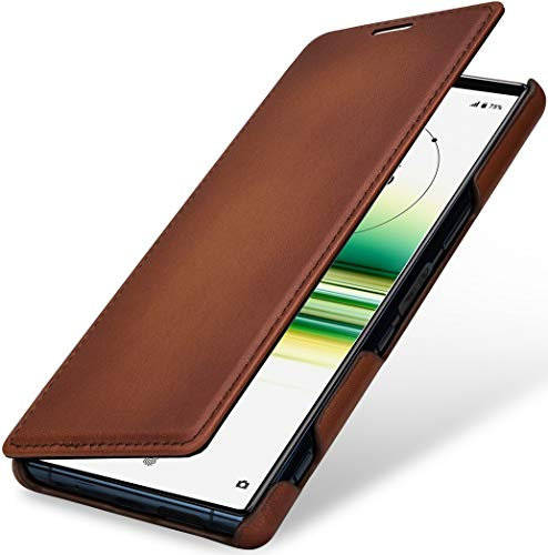 STILGUT Book Case kompatibel mit Sony Xperia 5 II Hülle aus Leder zum Klappen, Klapphülle, Handyhülle, Lederhülle - Cognac Antik