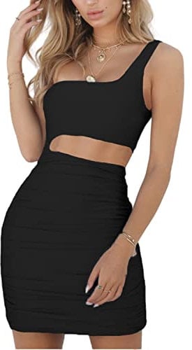 Zesoyne Womens Sexy 1 Shoulder Sleeveless Ruched Club Dress Bodycon Cut Out Mini Dress Small Black
