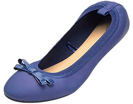 ERLINGO Ladies Roll up Shoes Foldable Ballet Flats with Bowknot Soft Sole Roll Up Ballet Pumps for Women Non Slip Fold Up Ballerina Dolly Shoes for Weddings and Parties Blue