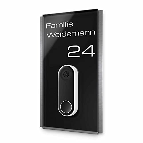Edles Klingelschild für Google Nest Doorbell mit Kabel - personalisiertes Türschild aus Edelstahl & Acrylglas | kompatibel mit Nest Videotürklingel Funk Video Klingel - Funkklingel Zubehör (16x28 cm)