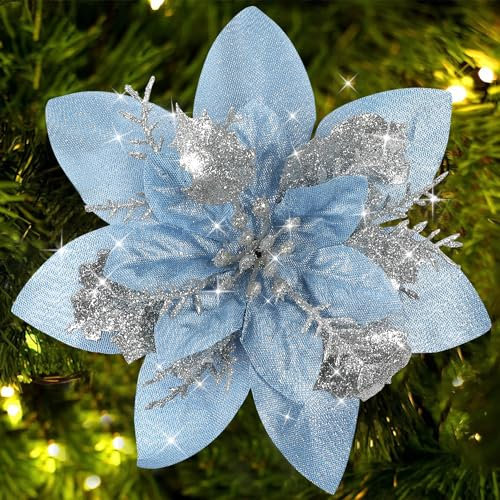 Sawowkuya 15 pezzi blu stella di Natale fiori artificiali glitter decorazioni di Natale con clip per albero di Natale ornamenti per feste di nozze decorazione corona
