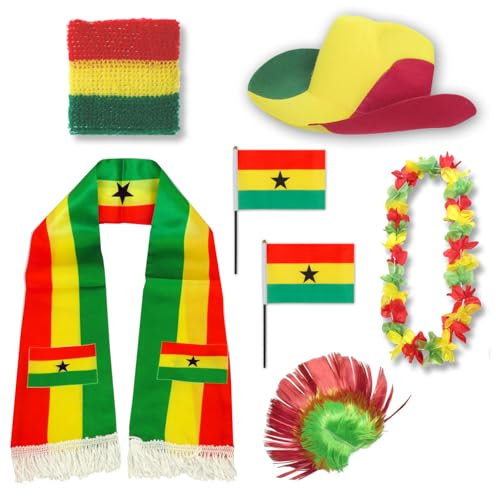 Sonia Originelli Fanset Fanartikel Fanhut Blumenkette Fanschal Schweißband Fähnchen Perücke WM EM Farbe: Ghana Irokese