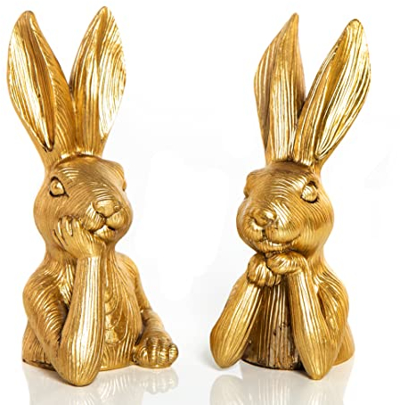 Set de 2 Figuras Conejo de Pascua Dorado, 17 cm: decoración de Pascua Moderna para el hogar, Figuras Decorativas Elegantes de Resina para Mesa, salón o Entrada, Idea