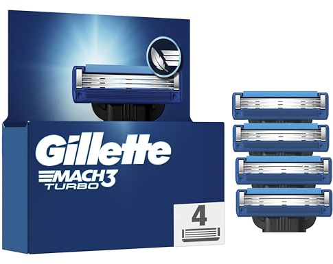 Gillette Mach3 Turbo Razor Blades Men, Pack of 4 Razor Blade Refills, Upgraded Lubrastrip for an Enhanced Glide
