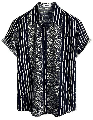 VATPAVE Mens Floral Hawaiian Shirts Short Sleeve Button Down Beach Shirts Medium Black Beige Tropical