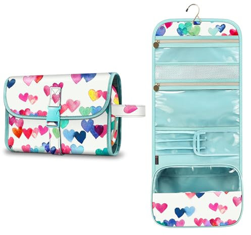 Portable Toiletry Travel Wash Bag, FINPAC Large Water Resistant Hanging Makeup Organizer Cosmetic Storage Pouch Case for Women Girls, Raining Hearts