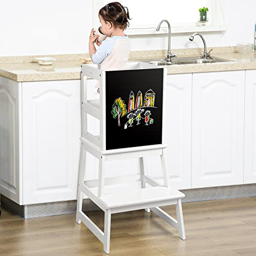 KIDINIX Kinder Lernturm ab 1 Jahr, Learning Tower mit Tafel, Abnehmbarer Sicherheitsarmlehnen als Tritthocker, Montessori Lernstuhl für Küche und Badezimmer, Kippschutz, Weiß