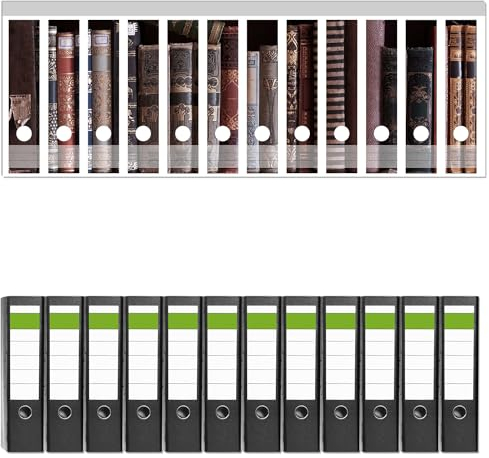 Wallario 12 Stück breite Ordner inkl. Klebeetiketten mit Motiv Bücherregal mit Alten Büchern - Set mit Rückenschildern/Ordnerrücken Stickern