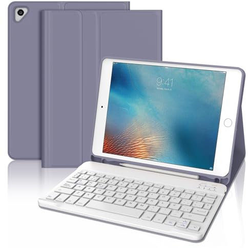 JADEMALL Funda con Teclado para iPad 6a Generación 9.7, Teclado Bluetooth Desmontable con Funda y Portalápices para iPad 6a Gen 2018/5a Gen 2017/iPad Pro 9.7 2016/iPad Air 2/iPad Air 1, Púrpura