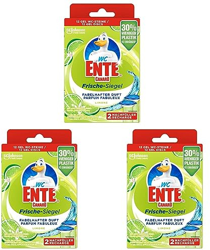 WC-Ente Frische-Siegel Nachfüller, körbchenloser WC-Reiniger, 12 Gel WC-Steine, Limone Duft, 3er Pack (2 x 36 ml)