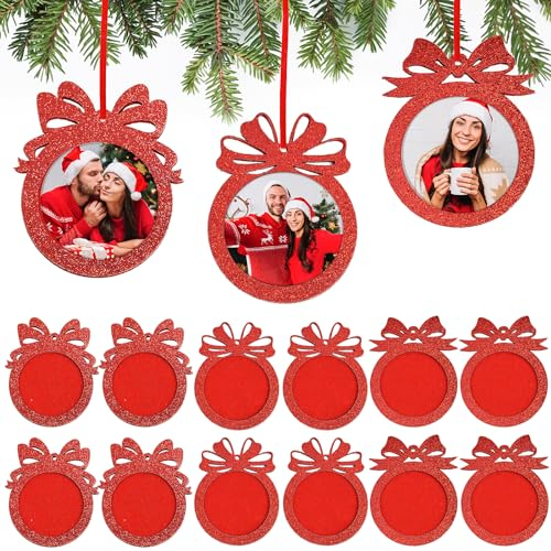 GEBETTER 12Pcs 5,3cm Mini Marcos de Fotos Navidad Fieltro Adornos Colgantes Árbol Navidad Decoración Navideña Hogar Regalo Niños Amigos Familiares Manualidad (Bolas de Navidad Rojas)