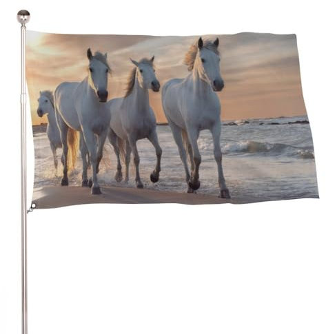 Bandera decorativa de 60 x 90 cm, diseño de caballos blancos corriendo en la playa, bandera de bienvenida para patio, decoración del hogar